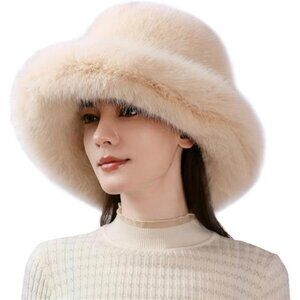 Luxury Faux Fur Bucket Hat for Women Beige